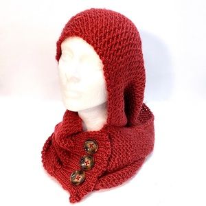NWT Hand Knit Deep Red Convertible Scarf with Button Detail One Size Fits Most